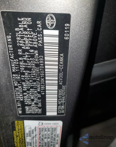 2006 Toyota Camry Le from USA, damaged, VIN 4T1BE30K16U704993